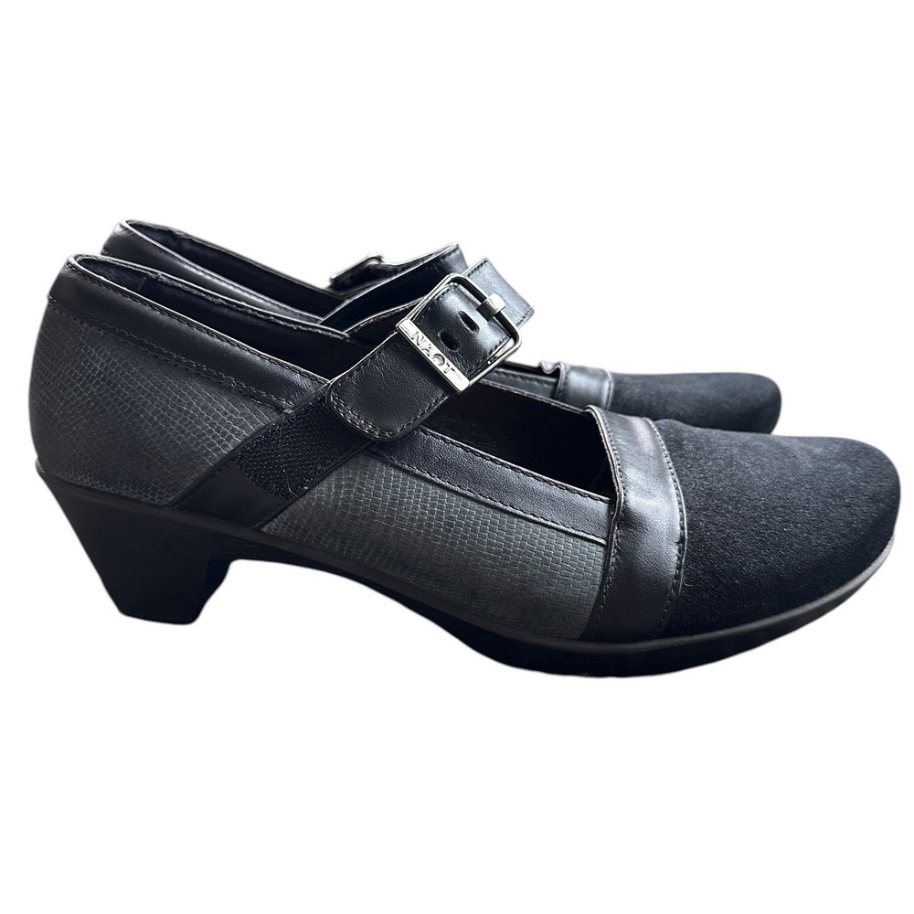 Naot Mary Jane Heels Womens 41 Black Grey Leather Suede Snake Embossed Excellent